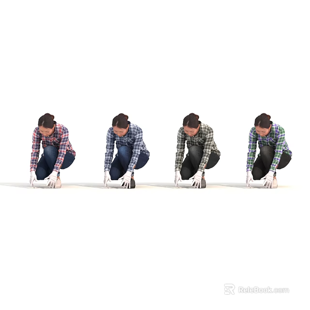 Four Women in Plaid Shirts Squatting and Using Tools in Different Positions 3d model 