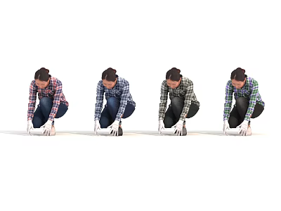 Four Women in Plaid Shirts Squatting and Using Tools in Different Positions 3d model