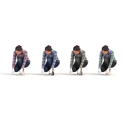 Four Women in Plaid Shirts Squatting and Using Tools in Different Positions 3d model