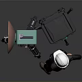 Professional Photographer Setup With White Safety Helmet Black Camera Tripod And Reflector