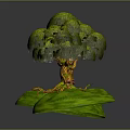 Three Green Decorative Trees With Lush Canopies And Exposed Roots On Grass Base