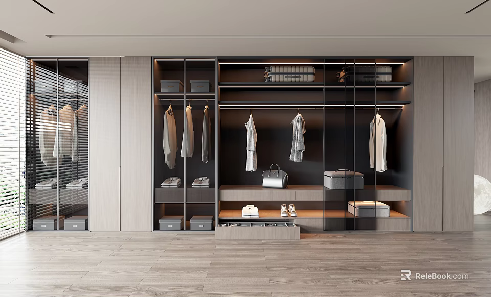 Modern Wardrobe Design With Glass Doors Shelves Hanging Clothes Bags And Shoes 3d model 