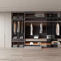 Modern Wardrobe Design With Glass Doors Shelves Hanging Clothes Bags And Shoes