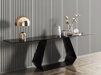 Modern Interior Black Geometric Console Table With Gold Lamp Dried Flowers Grey Striped Wall 3d model
