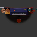 Blue Piano With Red Stool Yellow Box Green Plant And Wall Paintings On Red Background