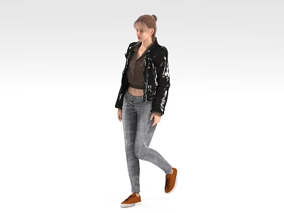 Woman In Black Shiny Jacket Brown Top Gray Jeans Brown Shoes On White Background 3d model