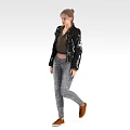 Woman In Black Shiny Jacket Brown Top Gray Jeans Brown Shoes On White Background
