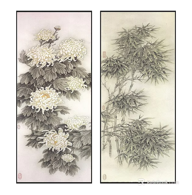 Traditional Chinese Painting with Chrysanthemum and Bamboo Branches Detailed Ink Brush Artwork 3d model 