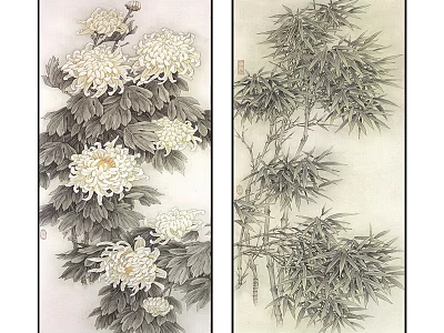 Traditional Chinese Painting with Chrysanthemum and Bamboo Branches Detailed Ink Brush Artwork 3d model