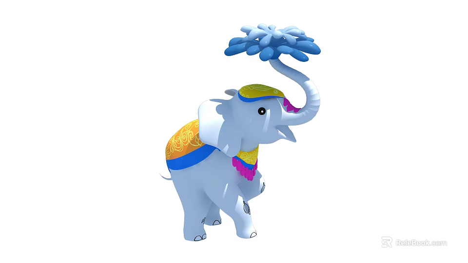 Light Blue Decorative Elephant Figurine With Yellow Blue Accents Golden Back And Flower On Trunk 3d model 