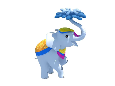 Light Blue Decorative Elephant Figurine With Yellow Blue Accents Golden Back And Flower On Trunk 3d model