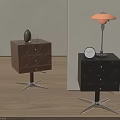 Modern Brown Black Nightstands With Round Drawers Metal Base Lamp Clock Vase And Glass