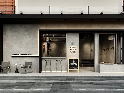 Modern Cafe With Streetfront Outdoor Seating Bar Counter And Morning Coffee Sign 3d model
