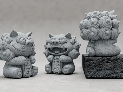 Traditional Stone Mythical Beast Sculptures with Curled Hair and Chinese Characters 3d model