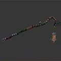 Decorative Wooden Staff With Carved Handle And Hanging Red Illuminated Lantern