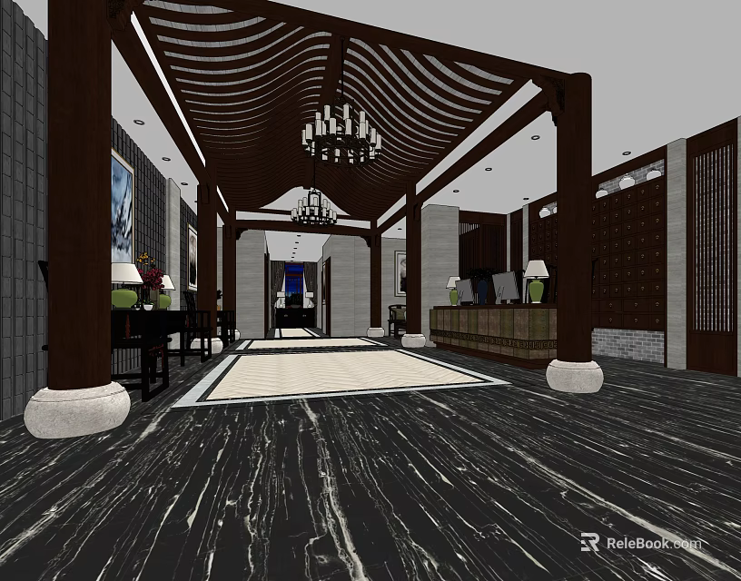 Elegant Store Front Desk Area With Wooden Ceiling Chandelier And Marble Floor 3d model 