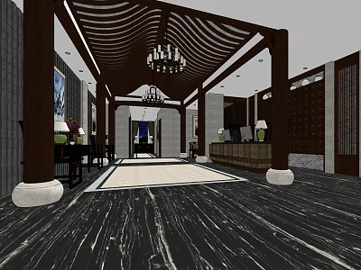 Elegant Store Front Desk Area With Wooden Ceiling Chandelier And Marble Floor 3d model