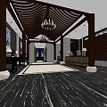 Elegant Store Front Desk Area With Wooden Ceiling Chandelier And Marble Floor