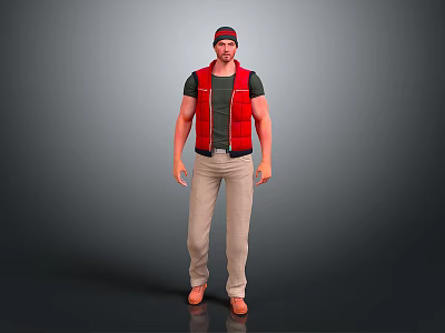 Man Wearing Red Vest and Green T-shirt with Beige Pants Brown Shoes Red Cap Standing 3d model
