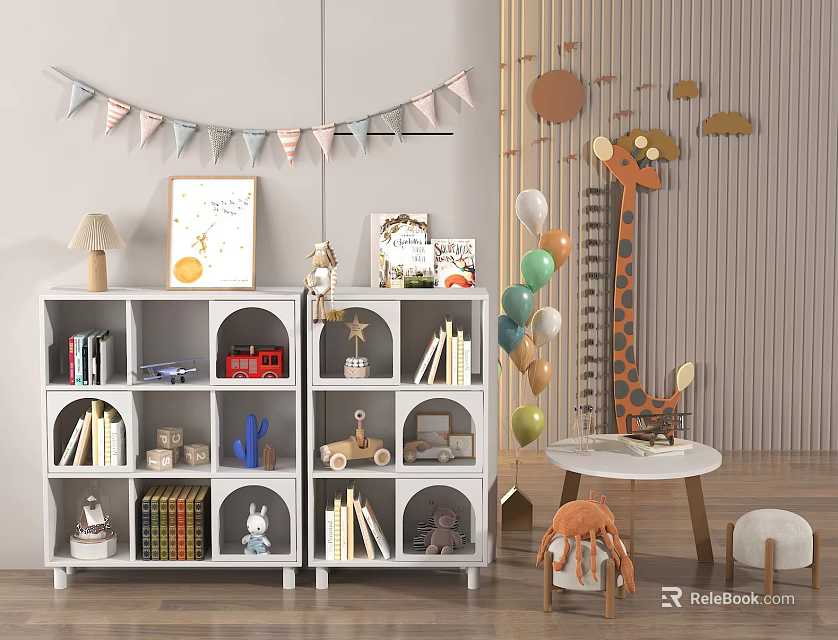 White Bookcases In Kids Room With Books Toys Giraffe Plush And Balloons 3d model 