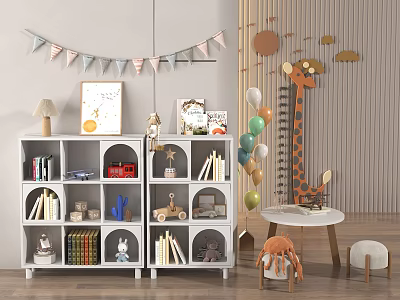 White Bookcases In Kids Room With Books Toys Giraffe Plush And Balloons 3d model
