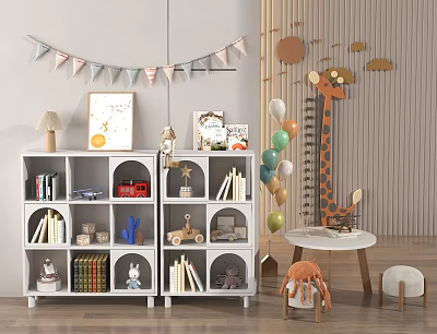 White Bookcases In Kids Room With Books Toys Giraffe Plush And Balloons 3d model