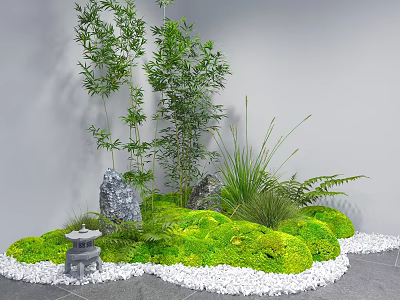 Karesansui Dry Landscape Garden Design With Bamboo Stones Moss White Pebbles And Stone Lantern 3d model