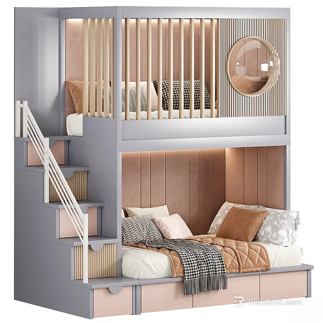 Kids Bunk Bed With Wooden Staircase Railing Round Mirror And Soft Pillows 3d model 