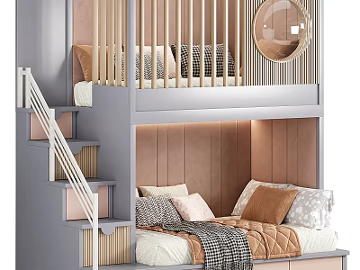 Kids Bunk Bed With Wooden Staircase Railing Round Mirror And Soft Pillows 3d model