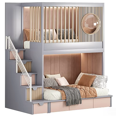 Kids Bunk Bed With Wooden Staircase Railing Round Mirror And Soft Pillows 3d model