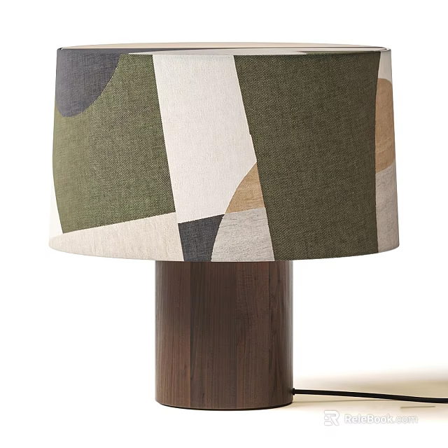 Geometric Pattern Table Lamp With Green White Gray Brown Fabric Shade And Wooden Stand 3d model 