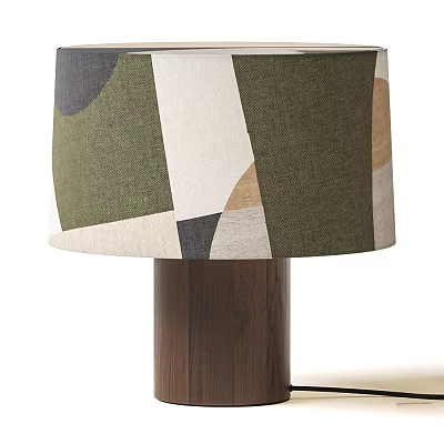 Geometric Pattern Table Lamp With Green White Gray Brown Fabric Shade And Wooden Stand 3d model