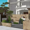 Garden Landscape Design With Modern Building Rockery Pine Tree Pavilion And Stone Wall