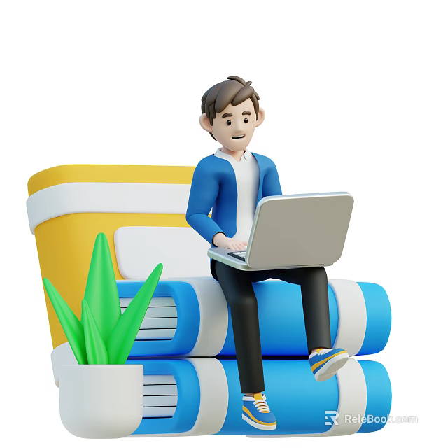 Man Sitting On Books Using Laptop With Yellow Folder And Green Plant 3d model 