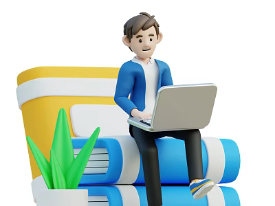 Man Sitting On Books Using Laptop With Yellow Folder And Green Plant 3d model