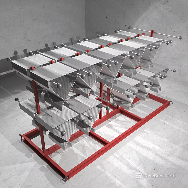 Red Framed Metal Industrial Device With Multiple Plates And Support Stands On Gray Background 3d model