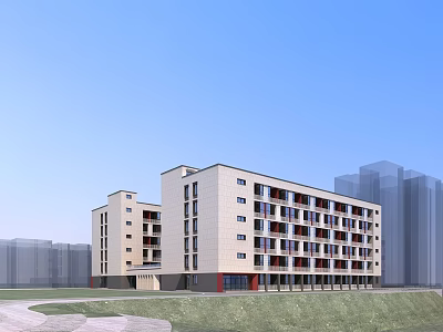 Modern Multi Story Building With White Exterior Multiple Windows Green Grass And Pathway 3d model