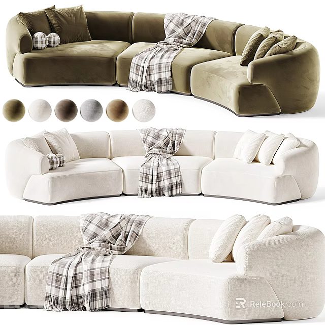 Modern Sectional Sofa With Soft Fabric Plush Cushions Checkered Blanket And Color Options 3d model 