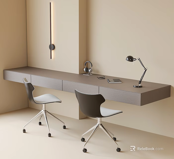 Modern Desk and Chair Set with Gray Tabletop Metal Legs Lamp Headphones and Tablet 3d model 