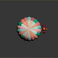 Colorful Patchwork Hot Air Balloon with Small Toy Rockets on Dark Background