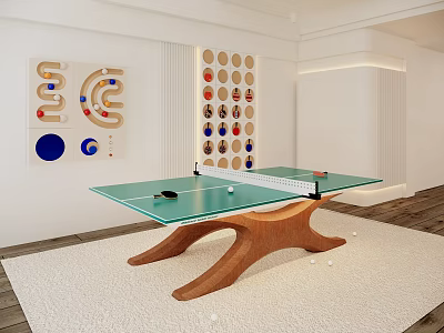 Table Tennis Table with Glass Top Wooden Base in Modern Room with Wall Art 3d model