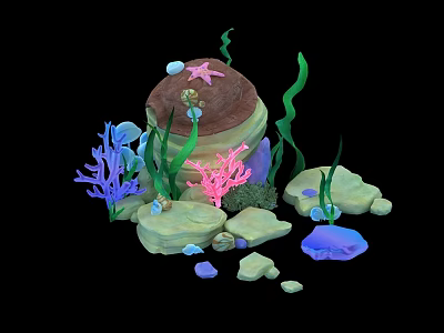 Cartoon Underwater Scene with Colorful Coral Green Seaweed Starfish on Rocks and Shells Around 3d model