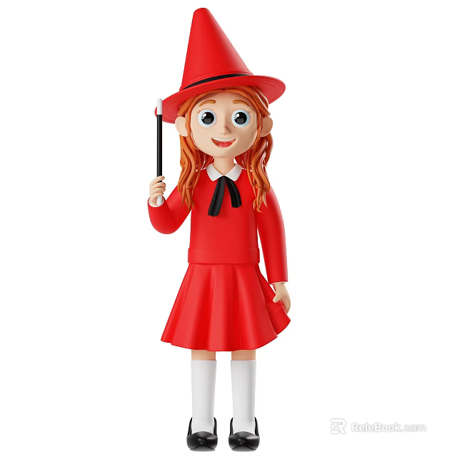 Game And Movie Character In Red Dress Red Hat With Black Wand Curly Hair 3d model 