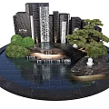 Decorative Garden Ornament Featuring Black Stone Waterfall Green Bushes Pine Tree And Circular Pond