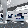 Modern Tech Interior With Central Metal Display Column LED Screens White Counters Blue Lighting Lines 3d model