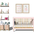 Pink Baby Crib with Shelves Toys Books and Ballerina Wall Art