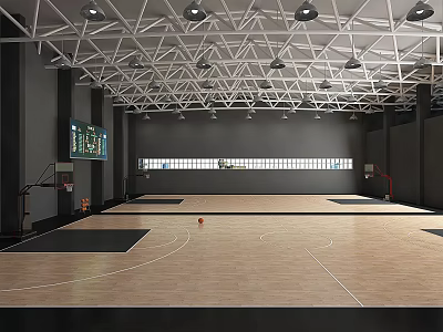 Spacious Basketball Gym With Wooden Court Floor Basketball Hoops And Geometric Ceiling Lighting 3d model