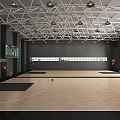 Spacious Basketball Gym With Wooden Court Floor Basketball Hoops And Geometric Ceiling Lighting