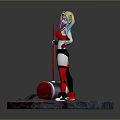 3D Harley Quinn Character Model With Red Black Costume Hammer And Checkered Base