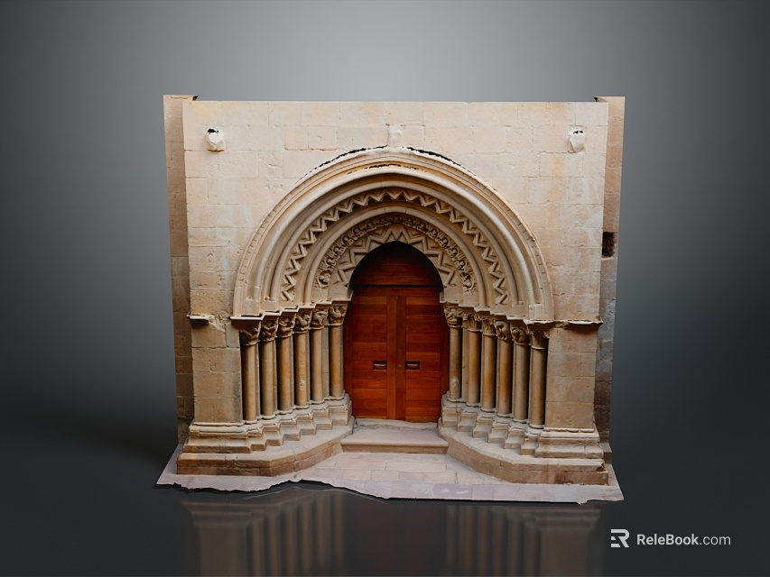 Historic Arched Door With Wooden Panels Stone Columns And Intricate Carvings 3d model 